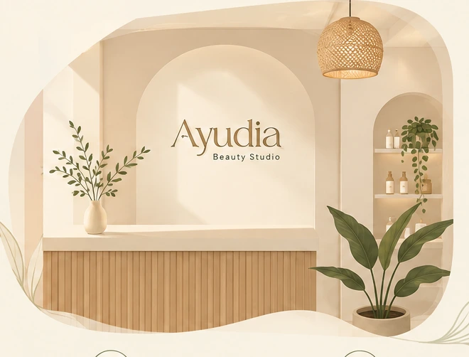 Warm botanical illustration of an inviting beauty studio interior